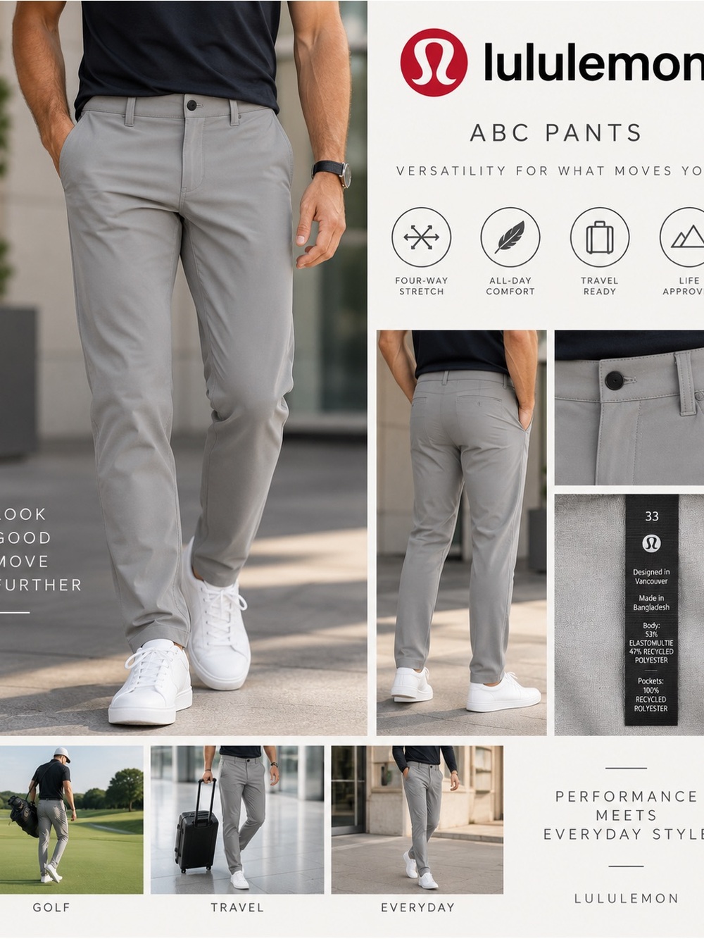 Lululemon ABC Pants Mens 33x31 Gray Stretch 5 Pocket Casual Golf Travel